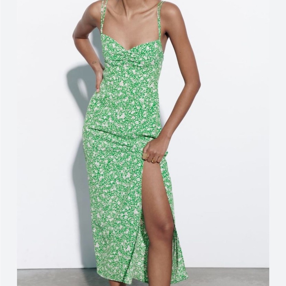 Zara Strappy zip side Green Floral Midi Dress with Side Slit